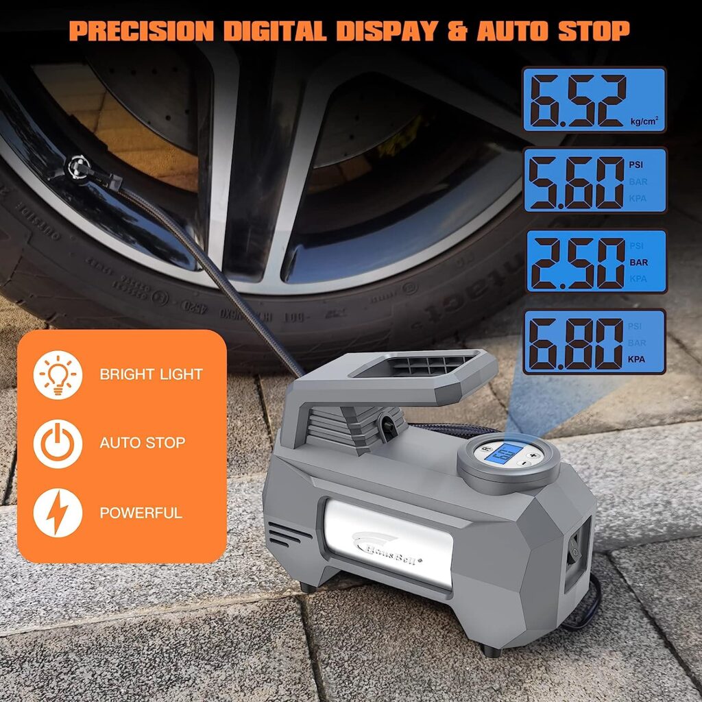 HAUSBELL Portable Air Compressor for Car Tires 2023 Upgraded Model, Handle up to 4 Tires at a Time, 12V DC Car Air Pump, 150 PSI with Emergency LED Light (Grey)