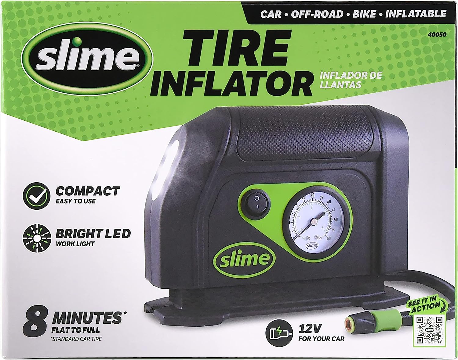 slime 40050 tire inflator portable car air compressor with analog 100 psi dial gauge long hose and led light 12v 8 min i
